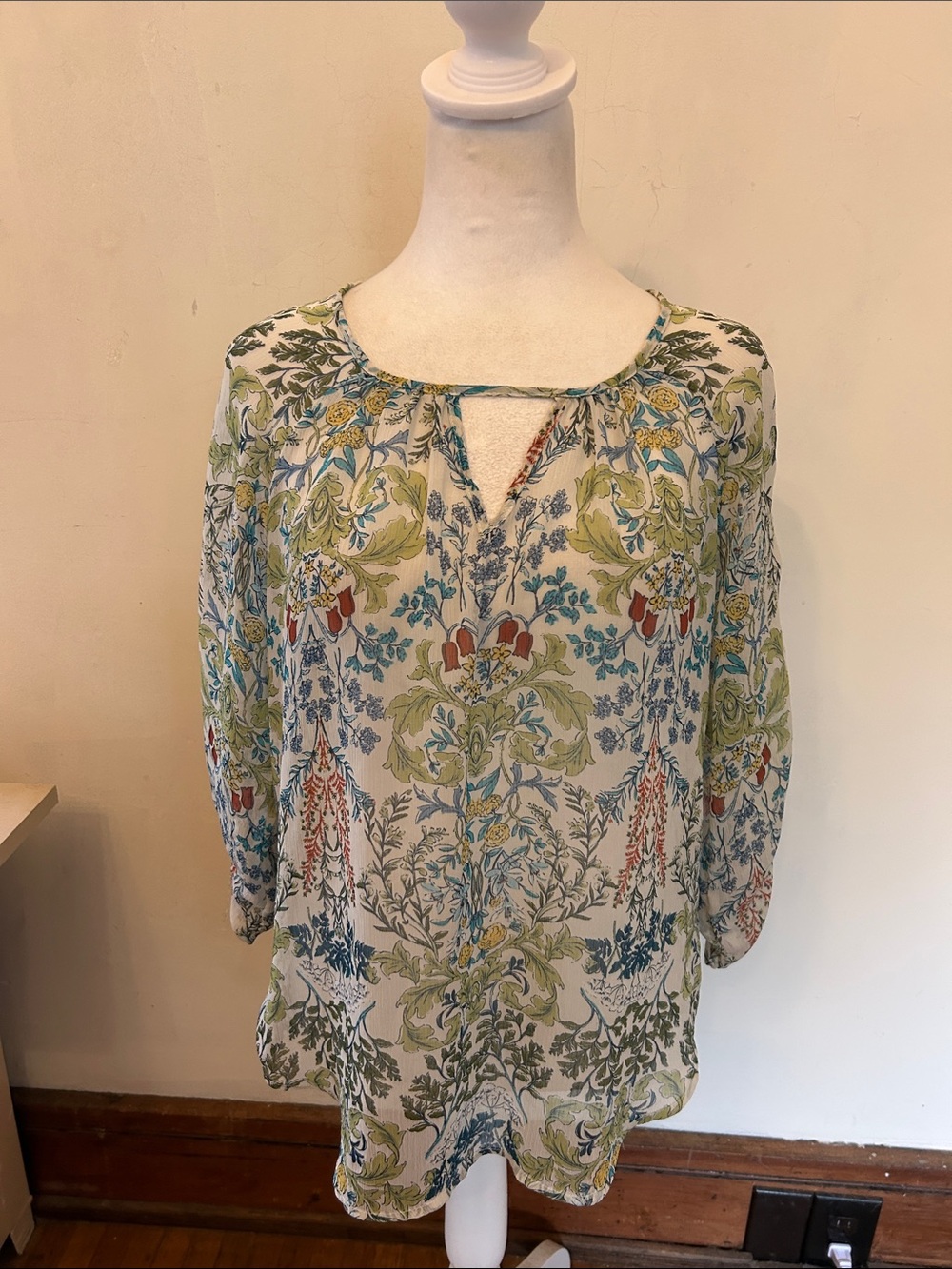 Renee C Floral Sheer long ruched sleeves Peasant Blouse - Green Size XL EUC